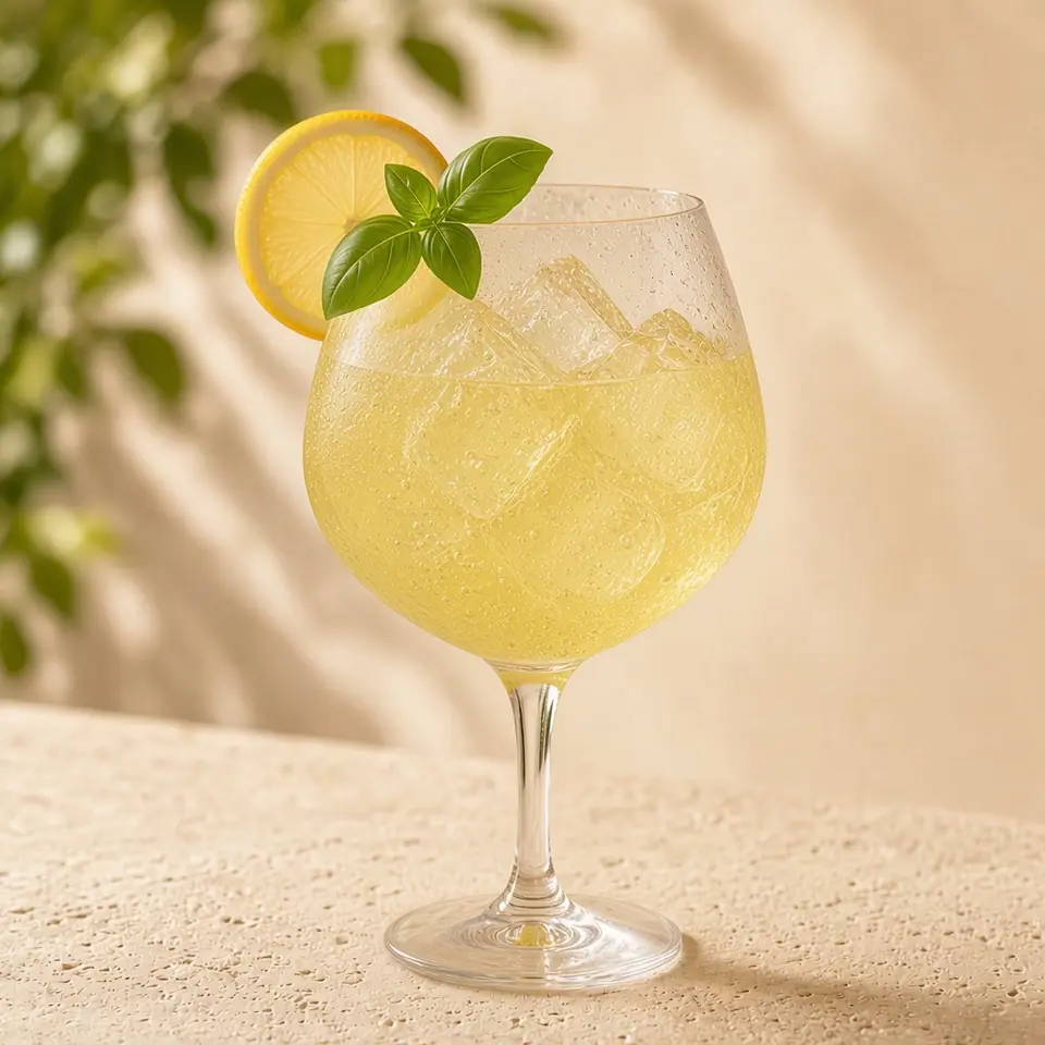 A limoncello spritz with basil and lemon.