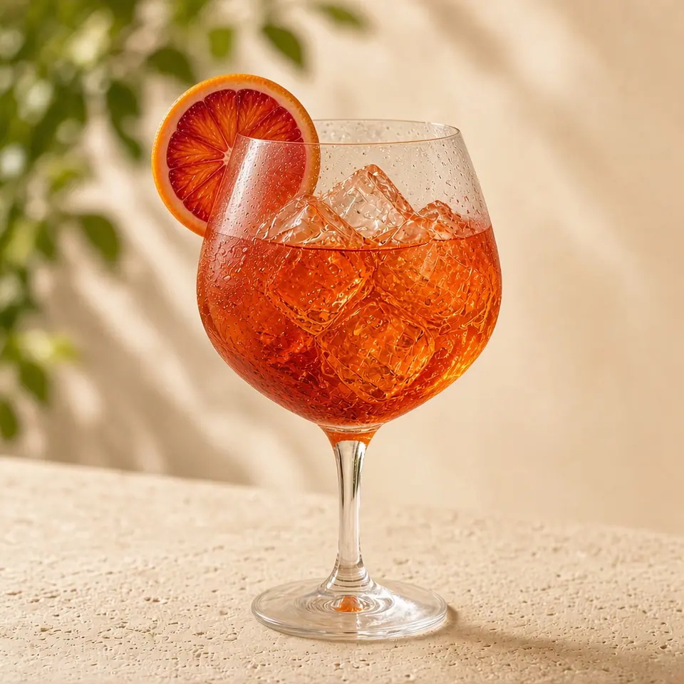 A blood orange spritz with a deep orange slice.