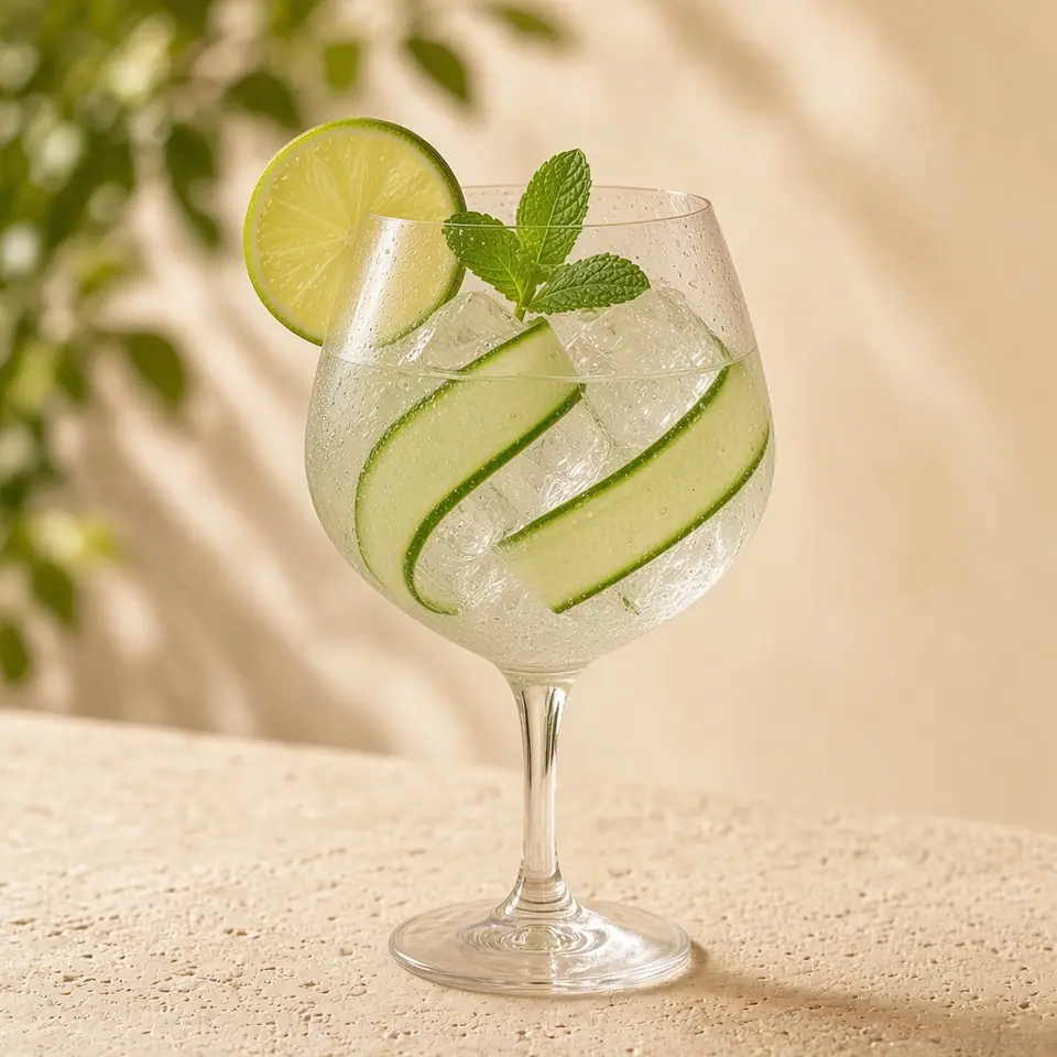 A cucumber and mint cooler in a wine glass with lime.