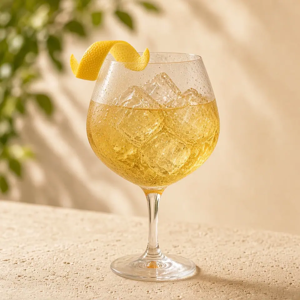 An elderflower spritz with a lemon peel and no mint.