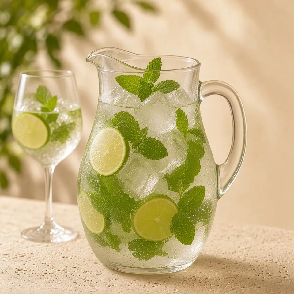 A pitcher of Hugo Spritz with mint and lime, ready to pour.