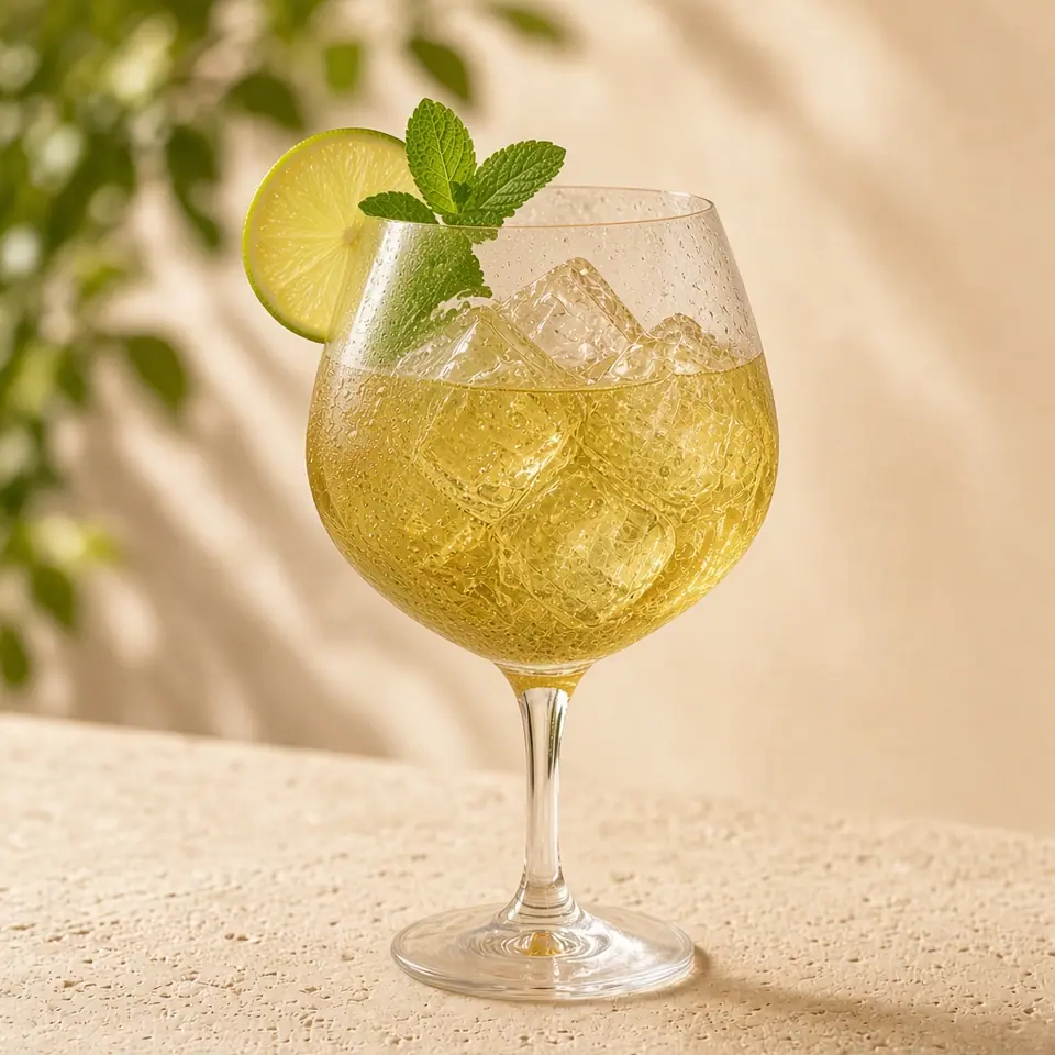 A Hugo Spritz made with elderflower liqueur, mint, and lime.