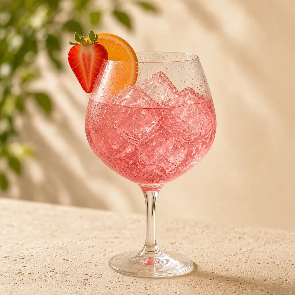 A rosé spritz with a strawberry and an orange slice.