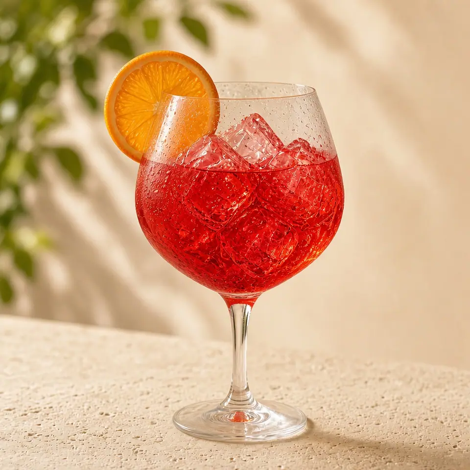 A ruby red spritz with an orange slice.