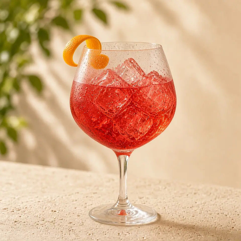 A sbagliato-style drink with prosecco, red bitter, and an orange peel.