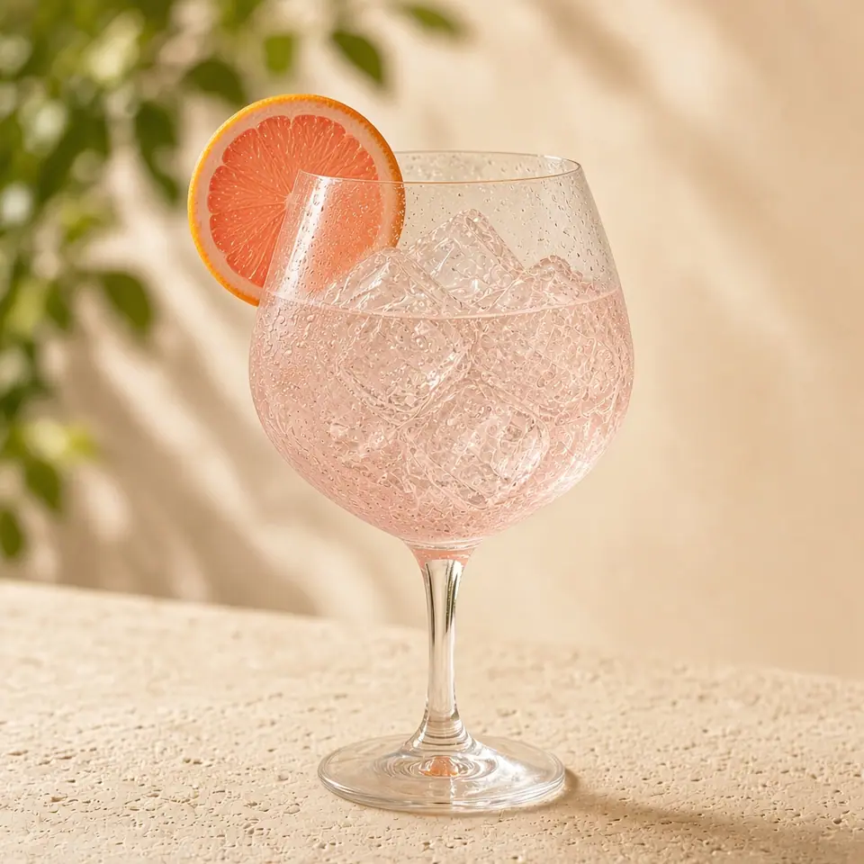 A non-alcoholic grapefruit spritz with a citrus wheel.