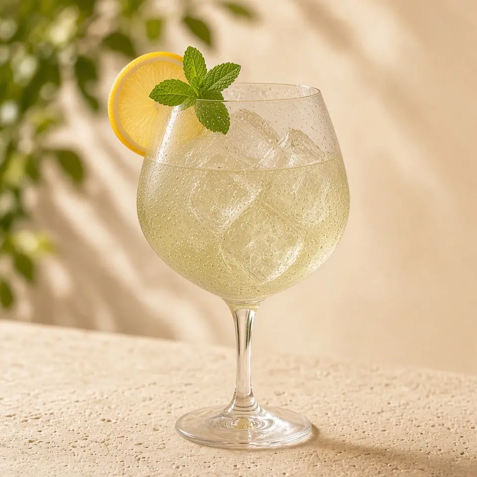 A tall pale Hugo Spritz with mint and a lemon wheel.