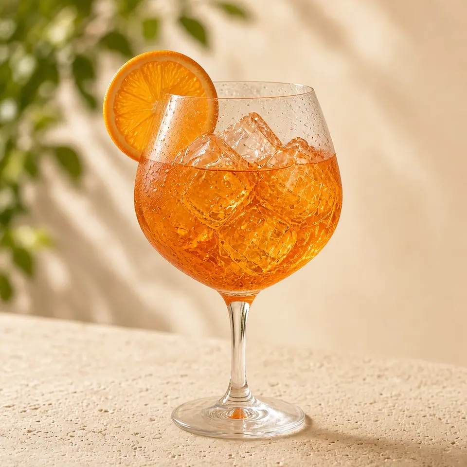 A non-alcoholic orange spritz with an orange slice.