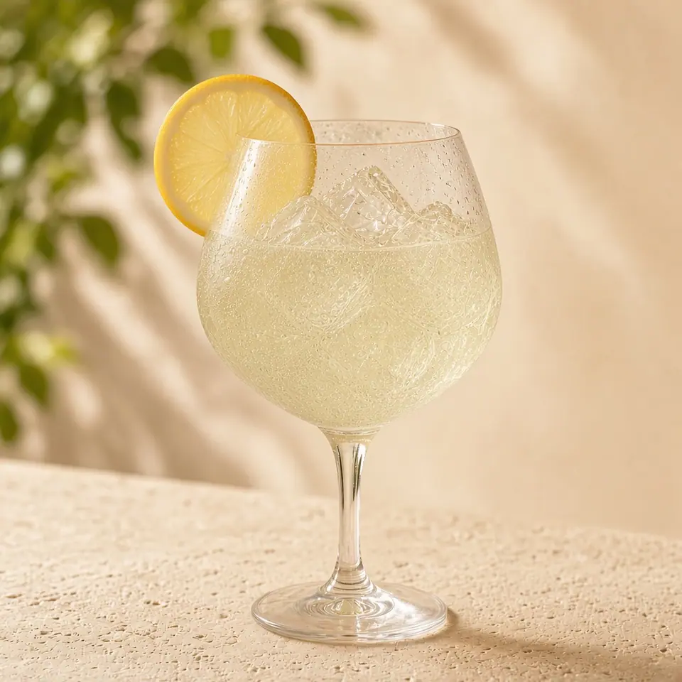 A non-alcoholic lemon spritz with a lemon wheel.
